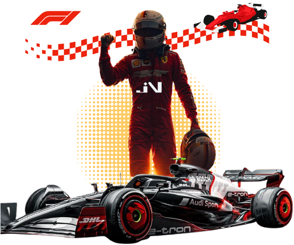 JIN娛樂城F1賽事投注平台主視覺，F1賽車手與奧迪賽車展示