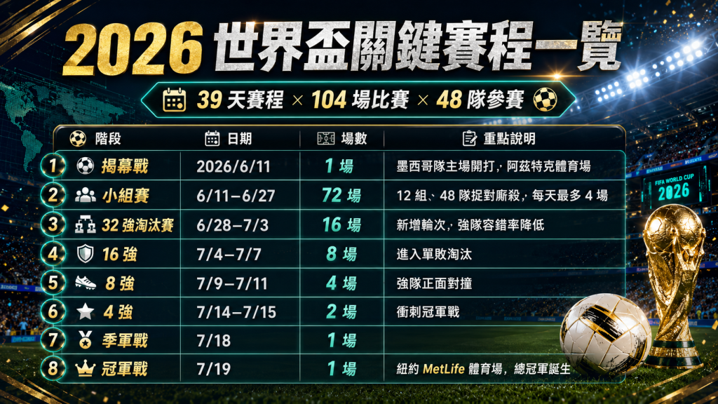 2026世界盃關鍵賽程一覽，包含小組賽、32強、16強、8強、4強與冠軍戰日期