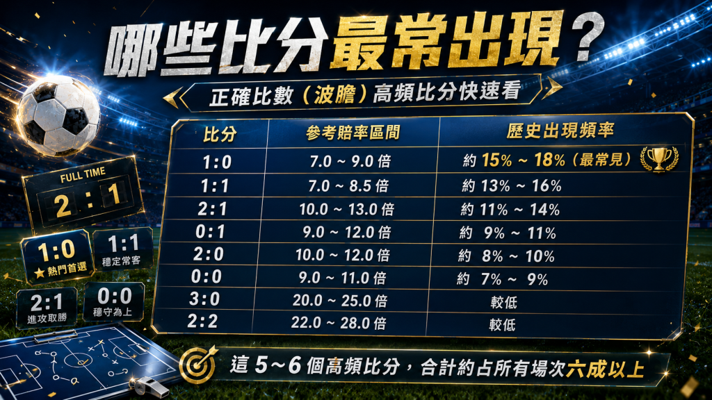 世足正確比數波膽玩法常見比分與參考賠率，包含1比0、1比1、2比1與0比0