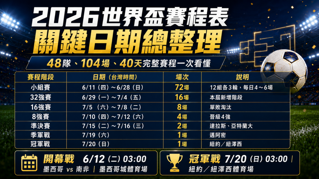 2026世界盃賽程表圖解，整理小組賽、32強、16強、8強、準決賽、季軍戰與冠軍戰日期