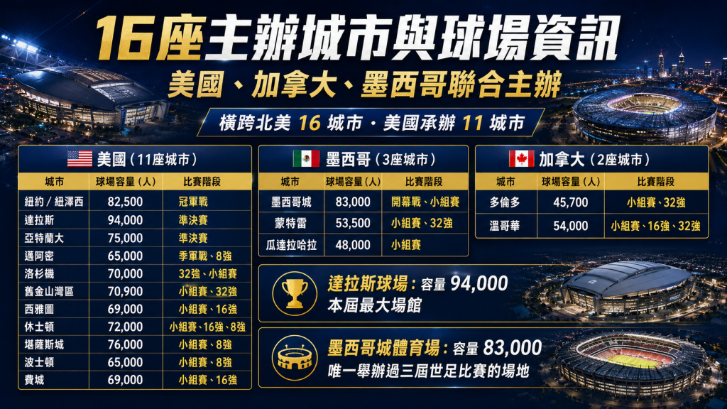 2026世界盃16座主辦城市與球場資訊圖解，整理美國、加拿大、墨西哥各城市與重要場次