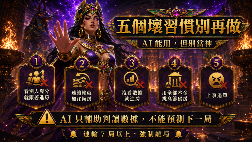 賽特選台技巧常見錯誤提醒，包含追爆分、連輸加注、沒看數據進房與上頭追單